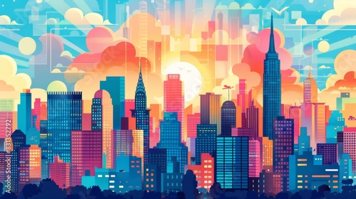 A colorful illustration of a city skyline with skyscrapers and office buildings, representing a bustling business and consulting environment.