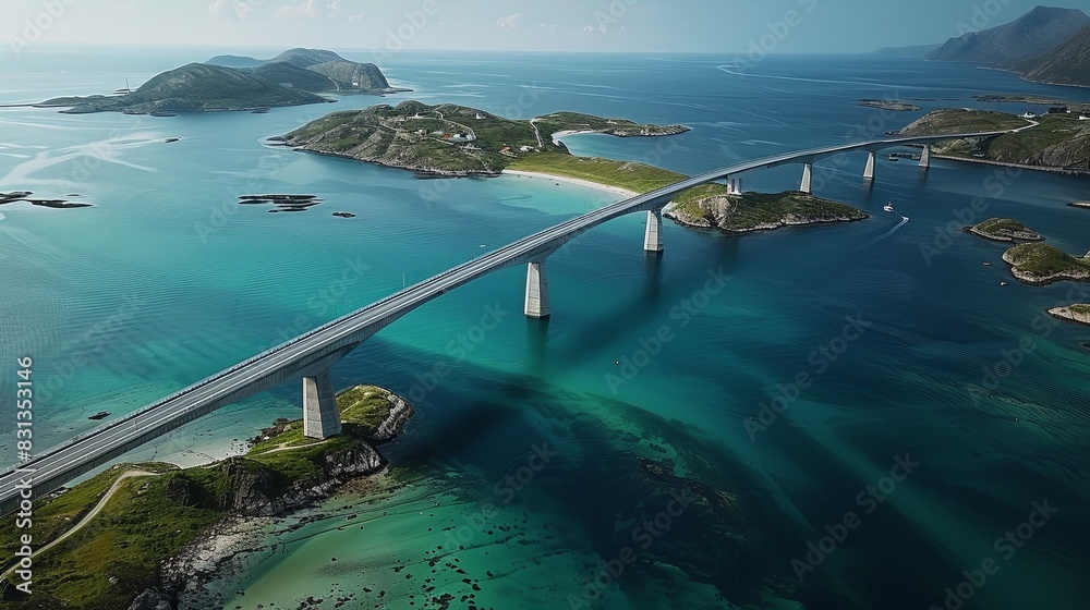 Aerial Bird's-Eye View of the Confident Bridge Connecting Lofoten Archipelago to Northern Norway Islands with Clear Water, Greenery, and Vast Blue Sky. Captured Using Wide-Angle Lens and High-Resoluti
