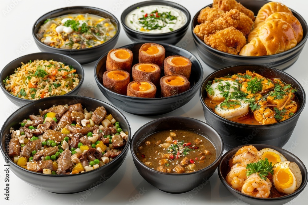 Gourmet meal with various dishes in black bowls, creating a delicious and inviting dining experience Gourmet meal with various dishes in black bowls, creating a delicious and inviting dining experience