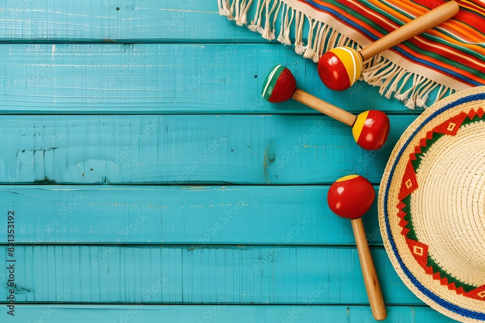 Mexican Background with Sombrero and Maracas on Blue Table Mexican Background with Sombrero and Maracas on Blue Table