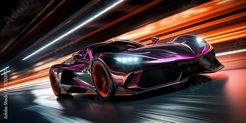 Neonlit sports car racing on vibrant track with powerful acceleration and lights. Concept Neon Car, Sports Racing, Vibrant Track, Powerful Acceleration, Light Effects