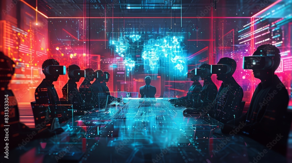 A futuristic digital illustration of a virtual reality meeting, with business avatars interacting in a virtual environment, showcasing the advancement of technology in business com