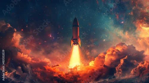 A stylized illustration of a rocket ship blasting off into space, symbolizing business success and reaching new heights of achievement. © MAY