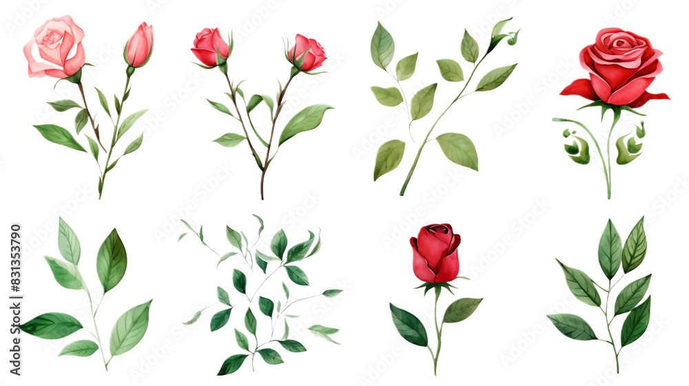 Set roses green leaves on transparent background. Hand drawn botanical watercolor painting for decorative invitations, posters, or cards Set roses green leaves on transparent background. Hand drawn botanical watercolor painting for decorative invitations, posters, or cards