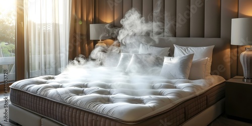 Steam cleaning service sanitizes bedroom mattresses for optimal hygiene and maintenance. Concept Mattress Hygiene, Steam Cleaning Service, Bedroom Sanitization, Optimal Hygiene, Maintenance photo