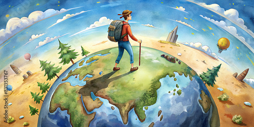 A young man tourist traveler walks around the round globe. photo
