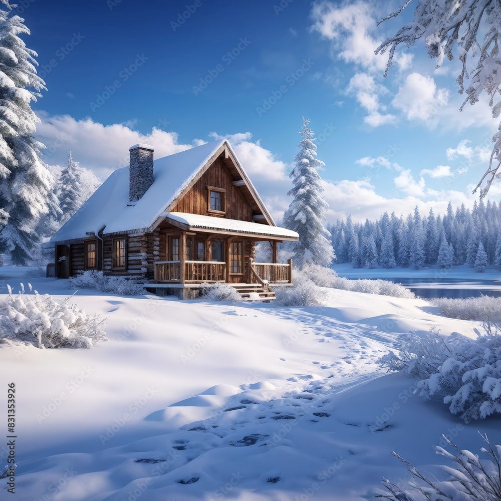 snowy winter landscape with cabin, generative ai