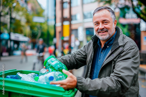 smiling middle-aged man throwing plastic bottle into recycling bin, green and clean city background,