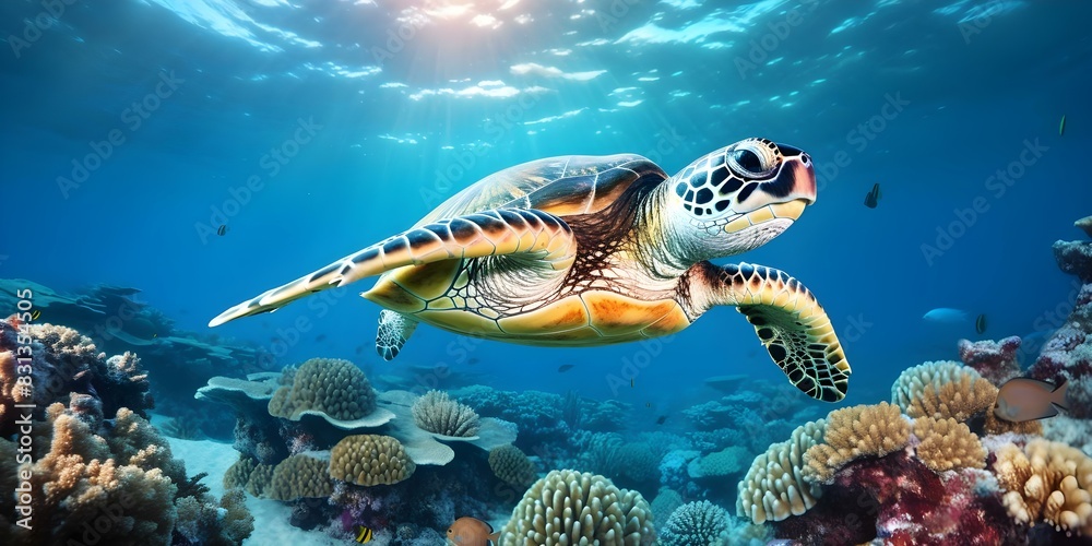 Green sea turtle swimming among tropical plants and corals in blue ocean. Concept Wildlife Photography, Marine Life, Underwater World, Ocean Conservation, Tropical Ecosystems