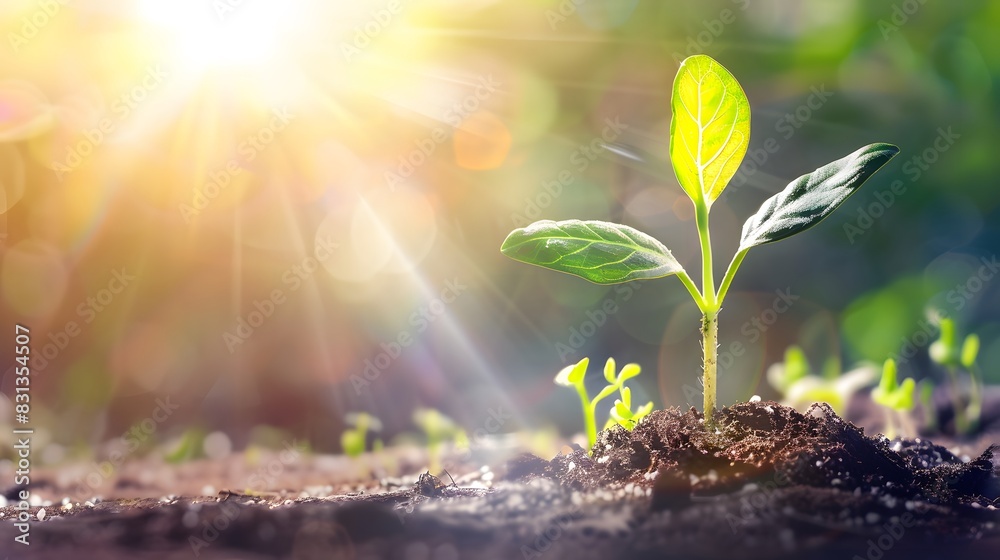 New sprout growing from soil with sunbeams New sprout growing from soil with sunbeams
