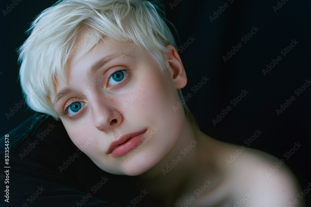 Portrait of a woman. Amazing thirty-year-old woman with deep gaze and blue eyes close-up, natural beauty concept, on a black background. Portrait of a woman. Amazing thirty-year-old woman with deep gaze and blue eyes close-up, natural beauty concept, on a black background.