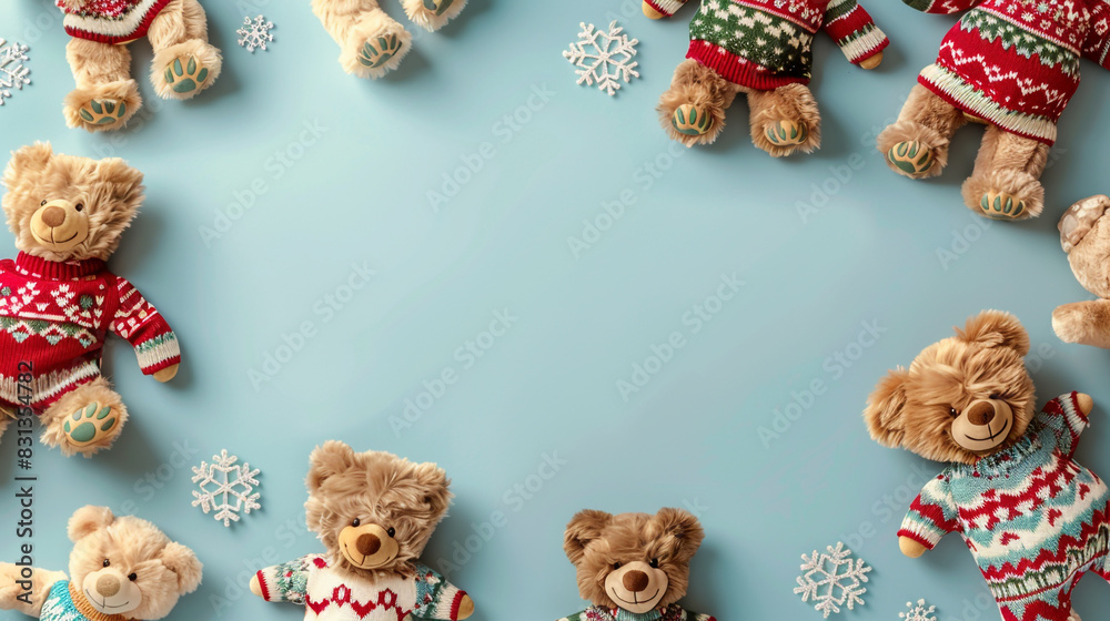 Baby kids toy frame background featuring a charming assortment of fluffy caramel and ginger teddy bears, all in colorful Christmas sweaters decorated Baby kids toy frame background featuring a charming assortment of fluffy caramel and ginger teddy bears, all in colorful Christmas sweaters decorated