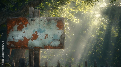An old, weathered signboard with peeling paint, mounted on a fencepost in a dense, misty forest, with sunlight filtering through the trees. 32k, full ultra hd, high resolution photo