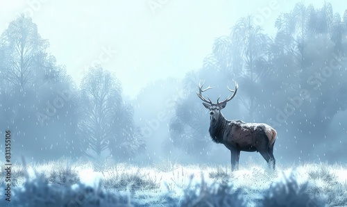 A lone deer standing in a snowy meadow, with frostcovered trees in the background, tranquil and natural, cool tones, digital painting,