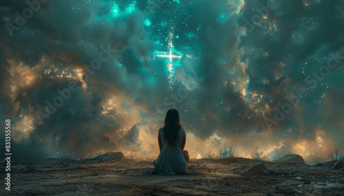 A woman is standing in a field with a cross in the sky above her by AI generated image
