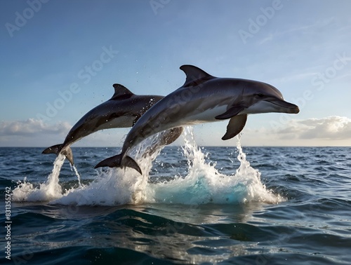 AI generated illustration of a group of dolphins leaping out of the sea simultaneously