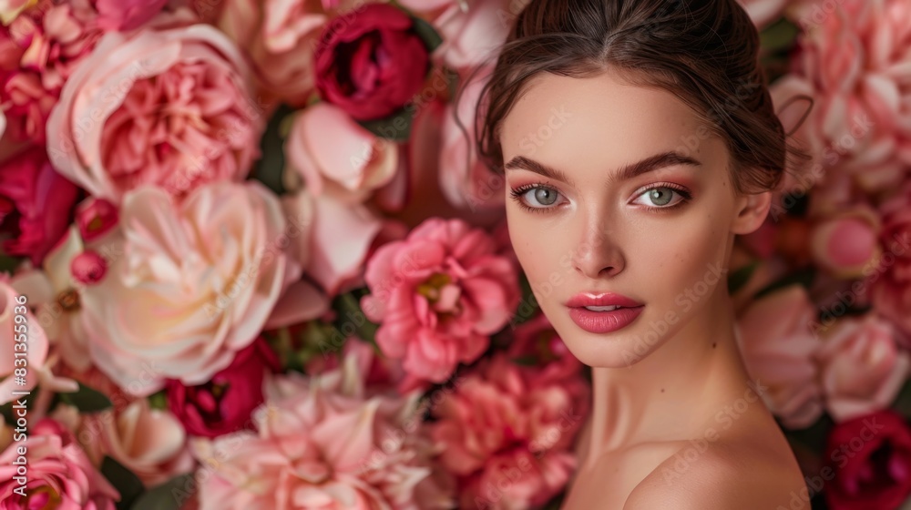 Feminine Elegance A Beautiful Caucasian Woman Posing in a Studio with a Background of Lovely Pink and Red Floral Flowers