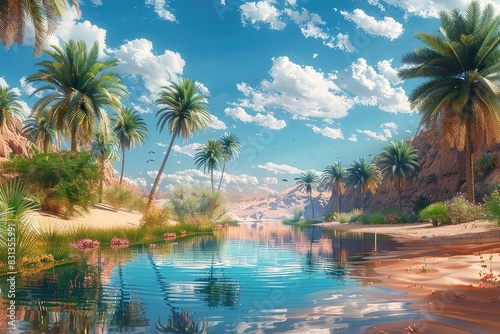 A lush oasis in the middle of a desert, with palm trees and a clear blue pond reflecting the sky, vibrant colors, photorealistic style,