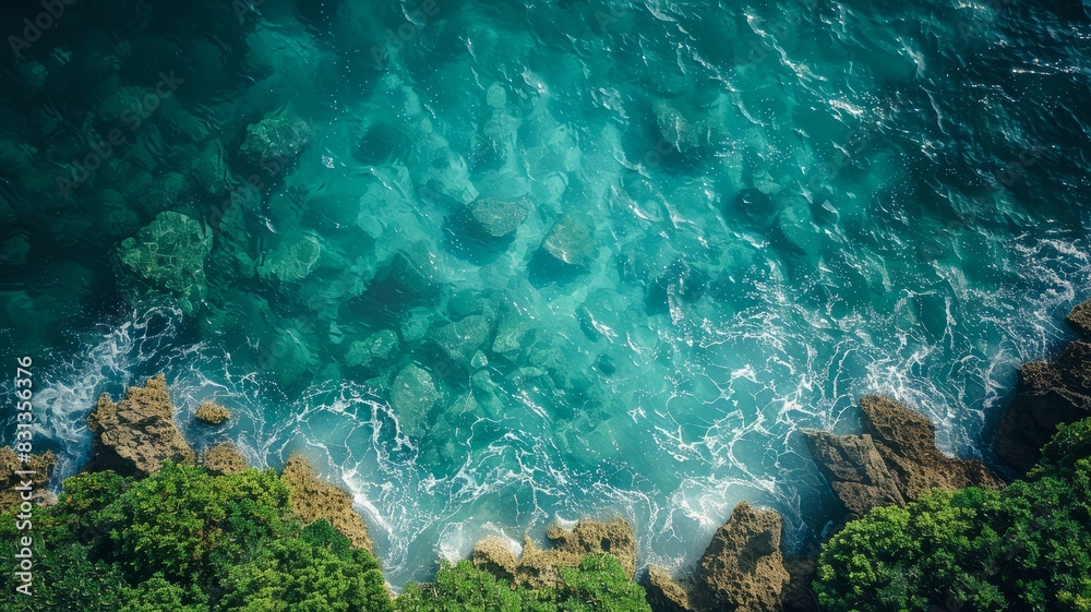 Aerial drone top view of ocean beautiful waves and rocky coast with greenery Aerial drone top view of ocean beautiful waves and rocky coast with greenery