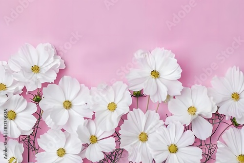 White Cosmos Flowers Border on Pink Background with Copy Space © MD