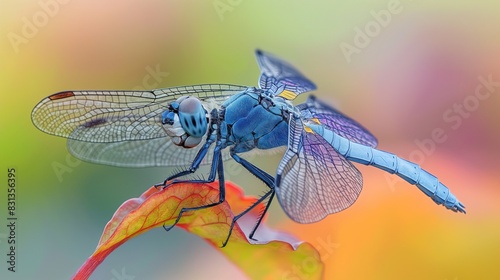 A detailed macro shot of a blue dragonfly perched on a leaf, its iridescent wings and body displaying a stunning range of blue shades. 32k, full ultra hd, high resolution © Kalsoom
