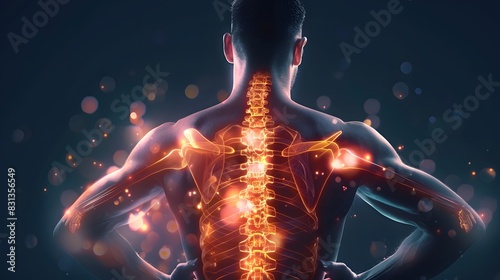 A man grimaces in pain, his glowing spine highlighting the intricate structure and fragility of the back.