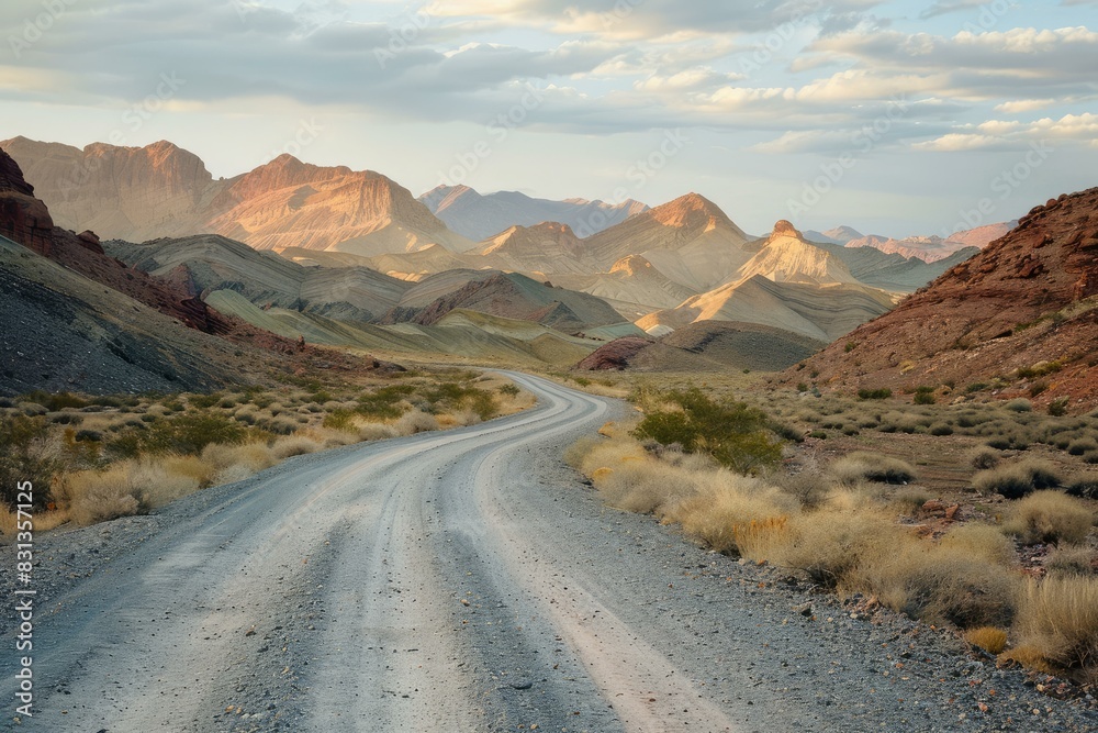 Scenic view of a curvy desert road amidst multihued mountains during golden hour Scenic view of a curvy desert road amidst multihued mountains during golden hour