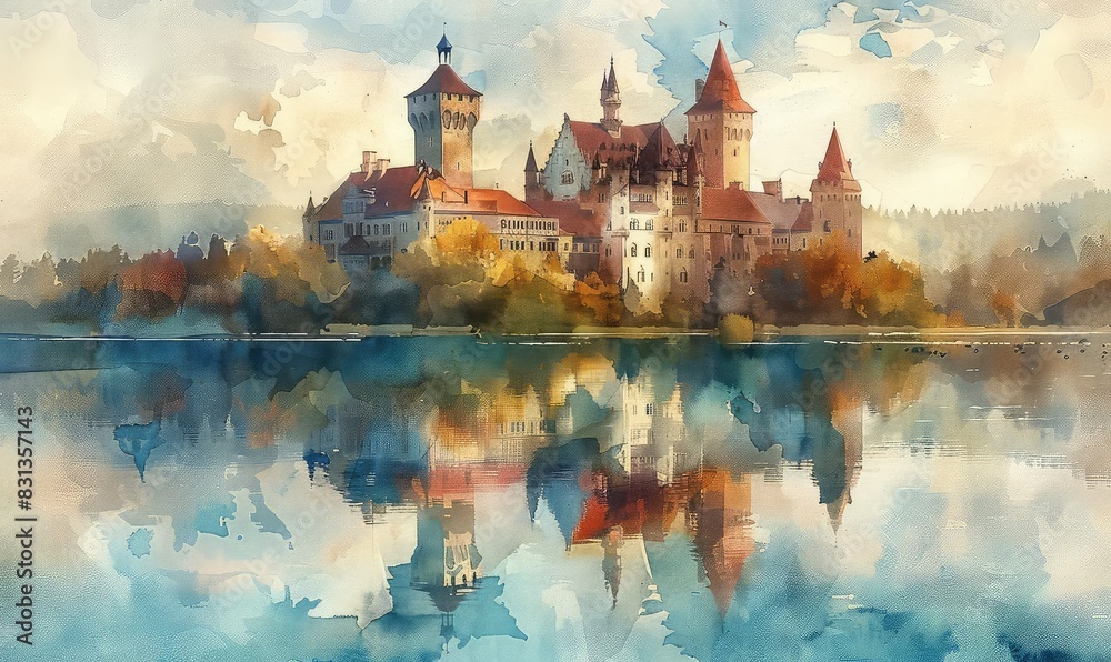 A majestic medieval castle by a tranquil lake, with its reflection in the water, serene and picturesque, soft pastel colors, watercolor technique,