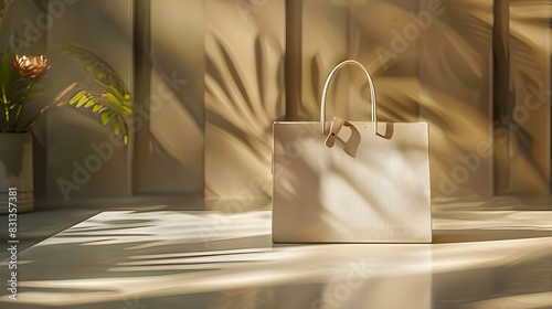 A sophisticated beige shopping bag photographed in a gallery-inspired environment.