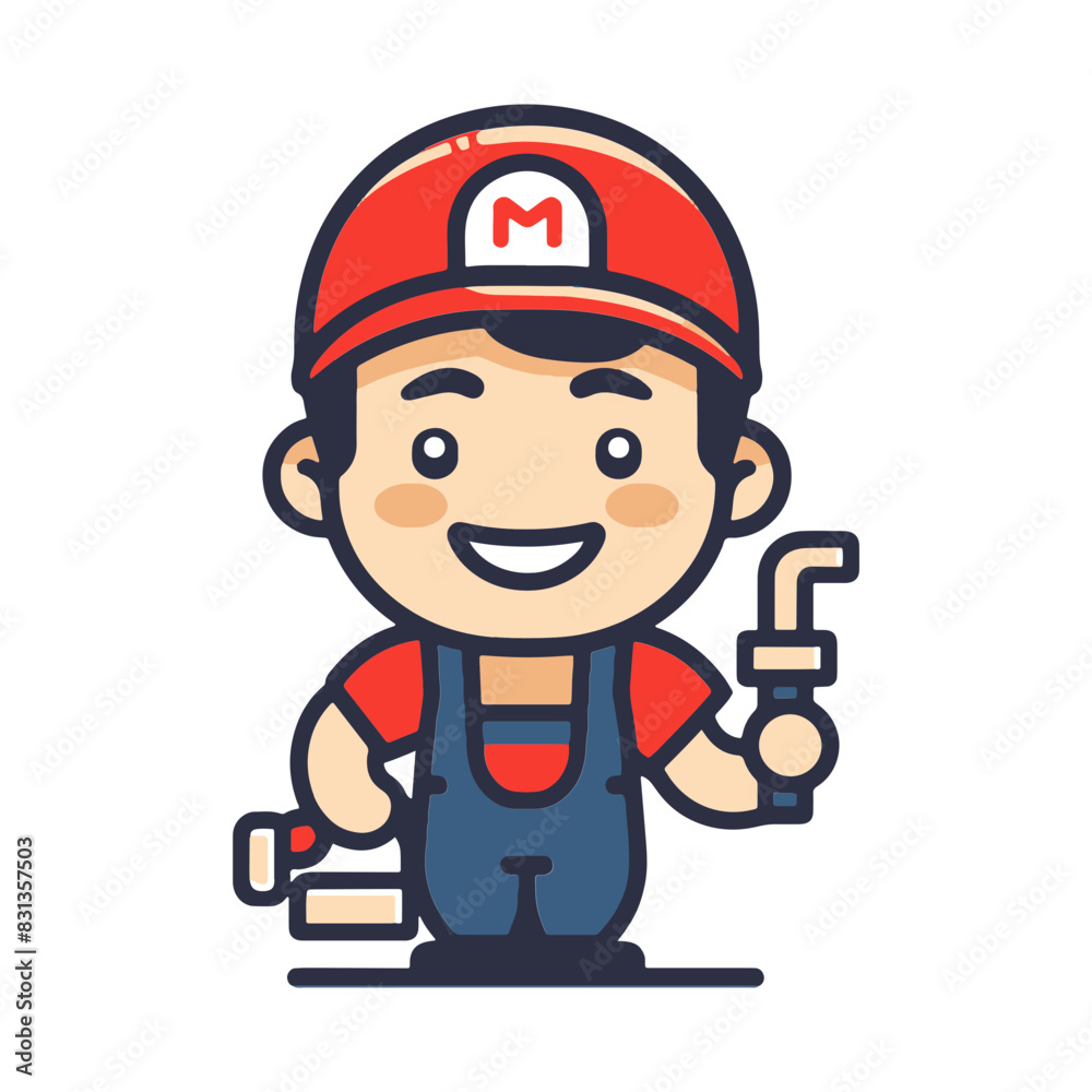 Cartoon illustration of a cheerful plumber wearing a red hat, holding a wrench, and ready for work. Perfect for service industry graphics. Cartoon illustration of a cheerful plumber wearing a red hat, holding a wrench, and ready for work. Perfect for service industry graphics.