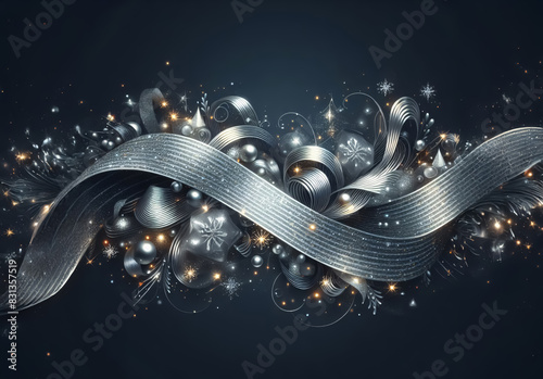 Edler, abstrakter Hintergrund mit silbernen, leuchtenden Linien und Ornamenten auf schwarzem Hintergrund photo