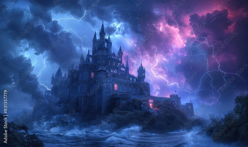 A medieval castle during a fierce storm, with lightning illuminating the sky, dramatic and intense, high contrast, photorealistic style,
