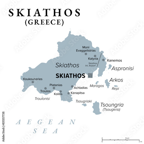 Skiathos, small Greek island, gray political map. Island in the Aegean Sea, part of Sporades, with the main town Skiathos, and with neighboring islets Tsoungria, Arkos and Aspronisi and smaller ones. photo