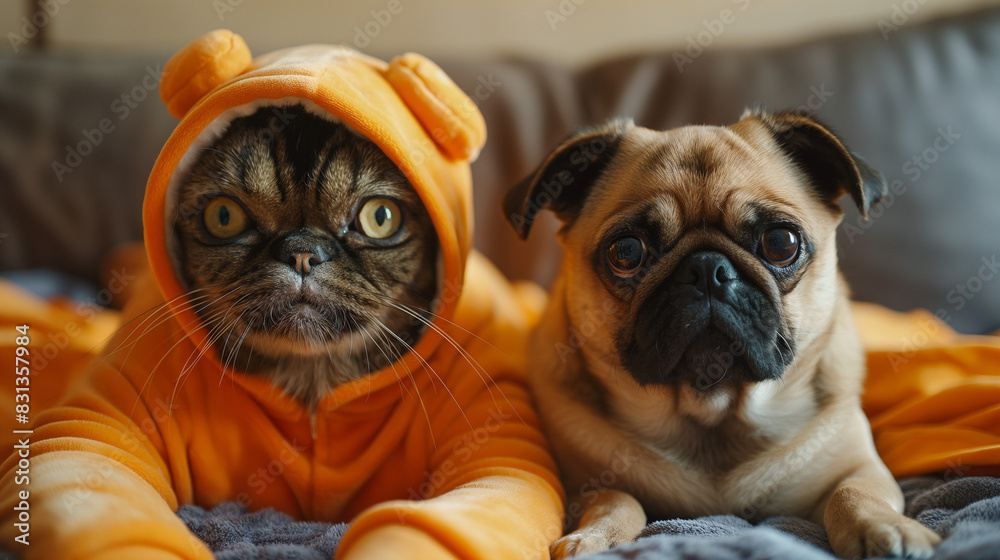 Obraz premium Cat and Dog Dressed in Halloween Costumes with Pumpkins