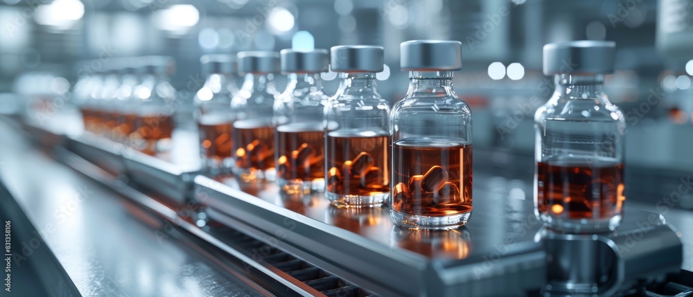 Expansive shot of innovative pharma packaging, crystal-clear vials with potent medicines, capturing the essence of cutting-edge healthcare, hyper-realistic CG 3D render Expansive shot of innovative pharma packaging, crystal-clear vials with potent medicines, capturing the essence of cutting-edge healthcare, hyper-realistic CG 3D render