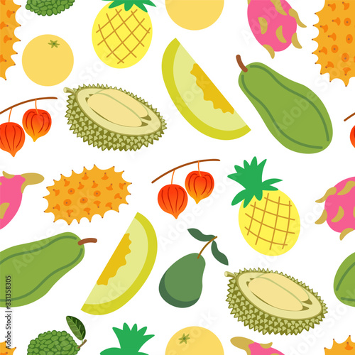 color isolated seamless pattern exotic fruits and berries in flat shape style in vector. template for backdrop textile wallpaper wrapping background print decor design
