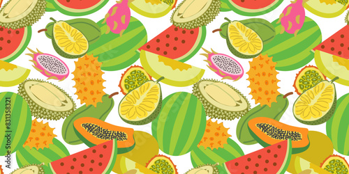 color isolated seamless pattern exotic fruits and berries in flat shape style in vector. template for backdrop textile wallpaper wrapping background print decor design