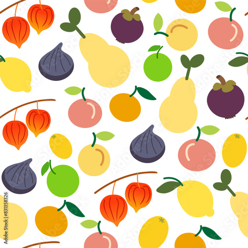 color isolated seamless pattern fruits and berries in flat shape style in vector. template for backdrop textile wallpaper wrapping background print decor design