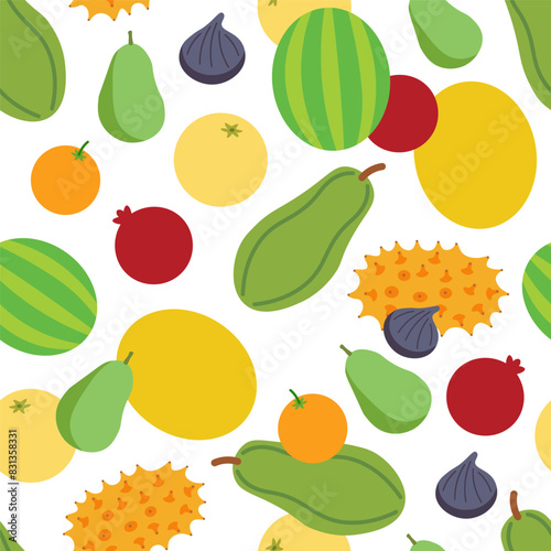 color isolated seamless pattern exotic fruits and berries in flat shape style in vector. template for backdrop textile wallpaper wrapping background print decor design