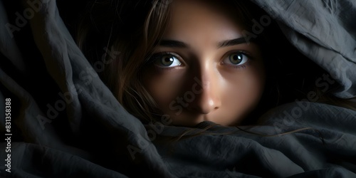 Person under blanket afraid of creepy eyes in darkness on white background. Concept Fear, Anxiety, Darkness, Eyes, Blanket, White Background photo