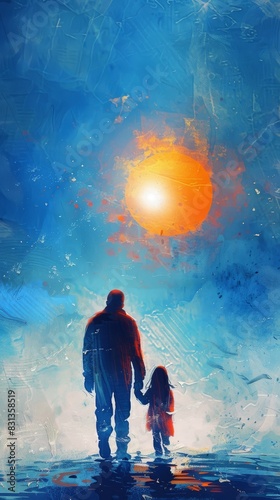 A father and a little girl walking together, the view of the orange sun and the blue environment photo