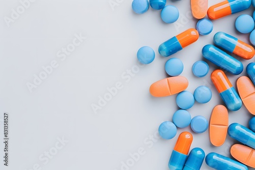 Blue and Orange Pills on White Background, Top View
