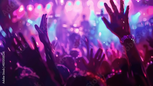 Close-up of a vibrant crowd at a concert, hands raised in celebration. Colorful and energetic music festival scene.