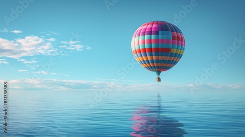 A mesmerizing view of a hot air balloon floating over a tranquil lake  its vibrant colors reflected in the water  with a vast blue sky providing a serene backdrop. 32k  full ultra hd  high resolution