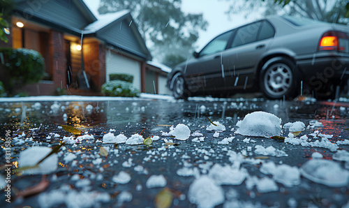 A car is pelted with hail in the driveway of a suburban home as it is parked in the driveway. A hailstorm, low angle, hail stones on the ground, hail damaged house and car, weather 