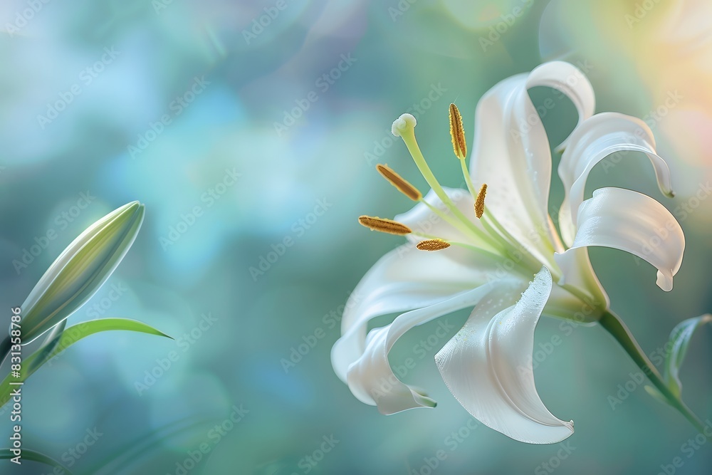 Fototapeta premium Closeup of Agaticum Lily with Pastel Blue and Green Background