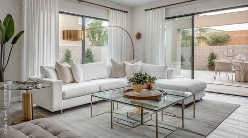 A modern living room featuring a white sectional sofa  a glass coffee table with brass accents  an elegant floor lamp  and a large sliding door leading to a patio. 32k  full ultra hd  high resolution