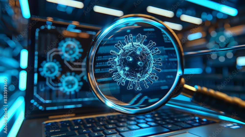 Fototapeta premium Closeup of a magnifying glass revealing a digital virus on a laptop screen, set in a dimly lit room with futuristic blue lighting , 3DCG