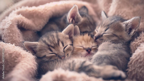 Adorable Kittens Sleeping on Soft Blanket with Copy Space