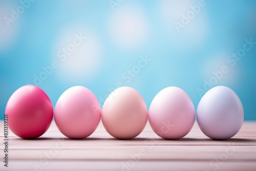 Beautifully arranged pastel colored easter eggs in a row on a tabletop for easter celebration photo